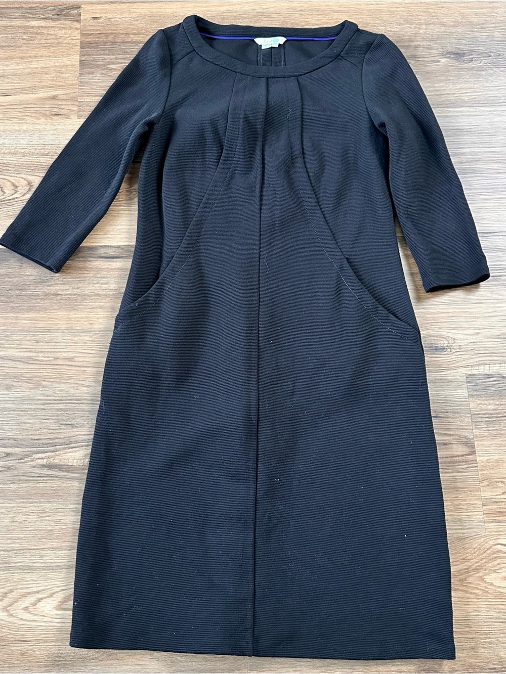 Boden Ottoman Ribbed Dress Black Knee 3/4 Sleeve‎ Pockets Pull Over Stretch 8L